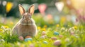 A beautiful fluffy Easter bunny hides colorful eggs in the green grass and looks at the camera Royalty Free Stock Photo