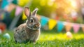 A beautiful fluffy Easter bunny hides colorful eggs in the green grass and looks at the camera Royalty Free Stock Photo