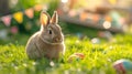 A beautiful fluffy Easter bunny hides colorful eggs in the green grass and looks at the camera Royalty Free Stock Photo