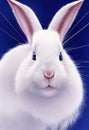 Beautiful fluffy hare portrait. White fluffy rabbit on a blue background. Cute rabbit. AI-generated