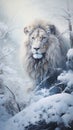 Beautiful fluffy lion in the snowy forest. Royalty Free Stock Photo