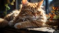 A beautiful fluffy red cat lies resting, sleeping, squinting in the sun