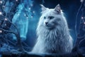 Beautiful Fluffy White Cat Walking in Snowy Night