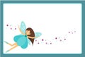 Beautiful flying fairy character with blue wings. Elf princess with magic wand. Blue frame design template for photos, children di