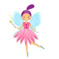 Beautiful flying fairy character with blue wings. Elf princess with magic wand. Cartoon style