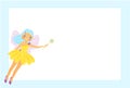 Beautiful flying fairy character. Elf princess with magic wand. Blue frame design for photos, children diplomas, kids certificate