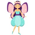 Beautiful flying fairy character with pink wings and purple hair. Fantasy elf princess with flower wreath. Winged girl in cartoon
