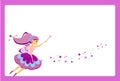 Beautiful flying fairy character with purple wings. Elf princess with magic wand. Purple frame design template for photos, childre