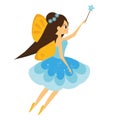 Beautiful flying fairy character with yellow wings. Elf princess with magic wand. Cartoon style Royalty Free Stock Photo