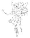 Beautiful flying fairy with magic wand. Line art coloring page vector illustration.