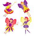 Beautiful flying fairy set. Winged Elf princesses. Cartoon style