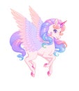 Beautiful flying winged pink unicorn. Vector illustration.