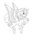 Beautiful flying winged unicorn. Vector coloring page.