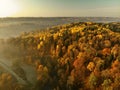 Beautiful foggy forest scene in autumn with orange and yellow foliage. Aerial early morning view of trees and river Royalty Free Stock Photo