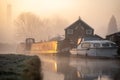 Beautiful foggy misty canal narrow boat sunrise with smoke from chimney early morning with mist and fog rising from water as sun Royalty Free Stock Photo