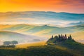 Beautiful foggy morning landscape at sunrise, Tuscany, Italy Royalty Free Stock Photo