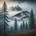 beautiful foggy mystic mountains. Fog clouds at the pine tree mystical woods, morning. Europe, mysterious alpine landscape - Royalty Free Stock Photo