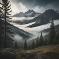 beautiful foggy mystic mountains. Fog clouds at the pine tree mystical woods, morning. Europe, mysterious alpine landscape - Royalty Free Stock Photo