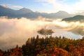 Beautiful foggy sunrise the Bled lake on autumn Royalty Free Stock Photo