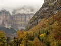 Beautiful and foggy valley in autumn in Pyrenees (Spain) Royalty Free Stock Photo