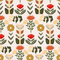 Beautiful folk art flowers in an elegant scandinavian seamless pattern Royalty Free Stock Photo