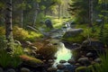 A beautiful forest clearing with a babbling brook created with Ai generated image Royalty Free Stock Photo
