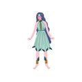 Beautiful Forest Fairy or Nymph, Blue Haired Girl in Green Dress Vector Illustration Royalty Free Stock Photo