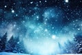 Beautiful forest with fir trees. Magic snowy landscape with starry sky and snowfall.