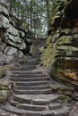 Beautiful forest landscape with a big stone stair on the ledges pass in Cuyahoga Valley near Cleveland, Ohio, USA