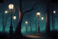 Beautiful forest at night, lit by burning lamp posts