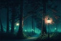 Beautiful forest at night, lit by burning lamp posts