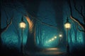 Beautiful forest at night, lit by burning lamp posts