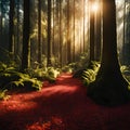 A beautiful forest scene with a red flowered path. Royalty Free Stock Photo