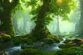 Beautiful forest with a stream. AI generated Royalty Free Stock Photo