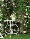 Beautiful forget white decorative table with flower busket and b