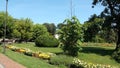 Beautiful formal garden, park with trees, bush, flowers and architecture in medical wellness center Banja Koviljaca