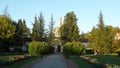 Beautiful formal garden, park with trees, bush, flowers and architecture in medical wellness center Banja Koviljaca