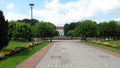 Beautiful formal garden, park with trees, bush, flowers and architecture in medical wellness center Banja Koviljaca