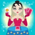 Beautiful fortune-teller in a red dress with tarot cards