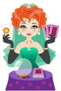 Beautiful fortune teller with red hair and green dress