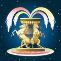 Beautiful fountain with figures of horses with lighting Royalty Free Stock Photo