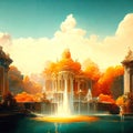 Beautiful fountain in the park. Panoramic view of the pond. generative AI