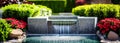 Beautiful fountain with waterfall from a luxurious garden very well kept with plants, hedges, red and white flowers with a pond Royalty Free Stock Photo