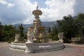 Beautiful fountain at Zoo showing Crimean mountains in the background (Landscape). Architecture and Art