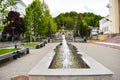 Beautiful fountains in downtown of the modern city Ramnicu Valcea. European travel destination. Ramnicu Valcea, Romania - 05.06.