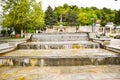 Beautiful fountains in downtown of the modern city Ramnicu Valcea. European travel destination. Ramnicu Valcea, Romania - 05.06.