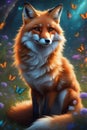 A beautiful fox with butterflies, in a magical meadow, wildflower, digital art work, animal creatures