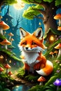 A beautiful fox in a magical mushroom village, in cartoon style, digital anime art, fantasy, animal, fairytale