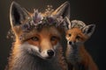 Beautiful fox mother and baby fox animals with flower crown. Wildlife Mother\'s Daygreeting poster Generative AI