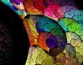beautiful fractal, abstract rainbow colored swirls against a black background